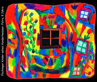 Eine von der 3. Klasse der Burgschule gestaltete bunte Briefmarke zeigt ein buntes Haus mit vielen Fenstern.