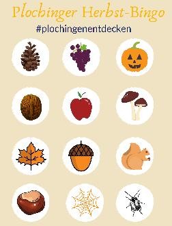 Spielblatt des Herbstbingos mit verschiedenen herbstlichen Bildern wie Pilzen, Tannenzapfen oder einem Kürbis